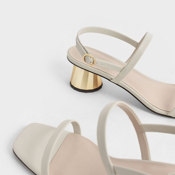 🟩 Charles & Keith Metallic Cone Heel Slingback Sandals - Chalk - Picture 3 of 8